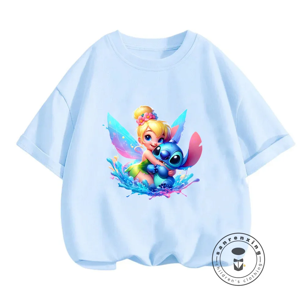 Elegant Summer Disney Tinker Bell Fashion Comfy Stylish Kawaii Tops for Girls Featuring Charming O-Neck Hip-Hop Cartoon Designs