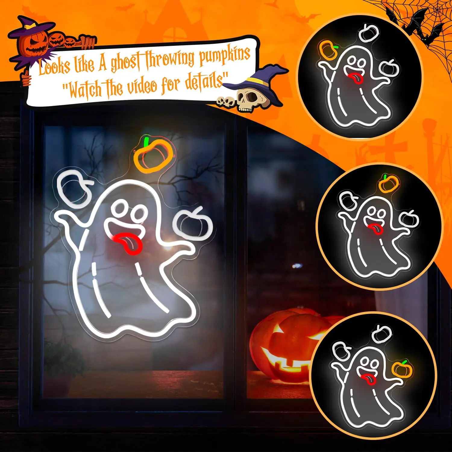 Halloween Neon Sign LED Ghost Light Up Wall Decor for Horror Party Bar Game Room Window Decorations