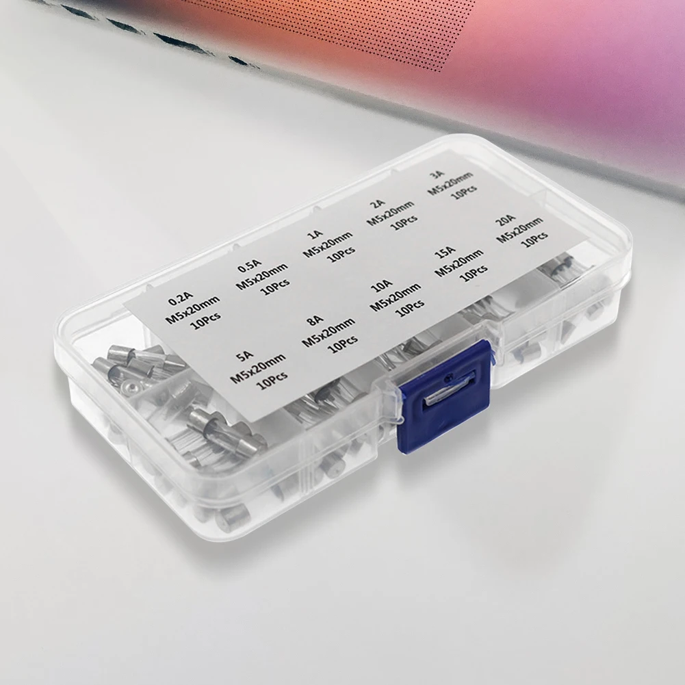 100Pcs 5 * 20MM Fast-blow Glass Tube Fuse Glass Tube Fuse Assorted Kit Amp 0.2A-20A Fast Acting Glass Fuse 250V with Storage Box