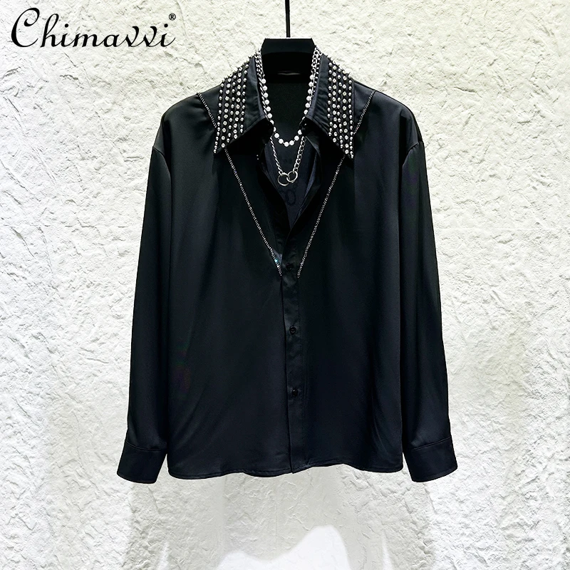 Personalized Heavy Rhinestone Studded Collar Long Sleeve Shirt Spring Autumn New Fashion Light Luxury Handsome Men Casual Shirt