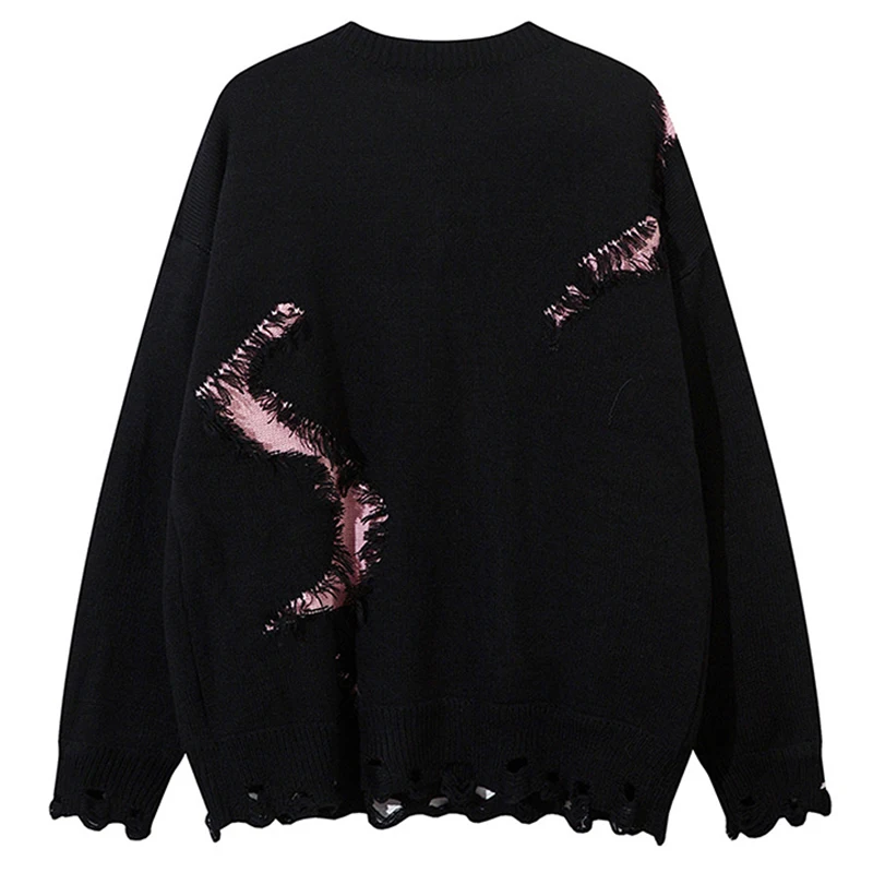 الهيب هوب الرجال تريكو سترة الرجعية متعة حفرة سترة الخريف موضة محبوك اللون حجب البلوز Harajuku فضفاض الشارع الشهير