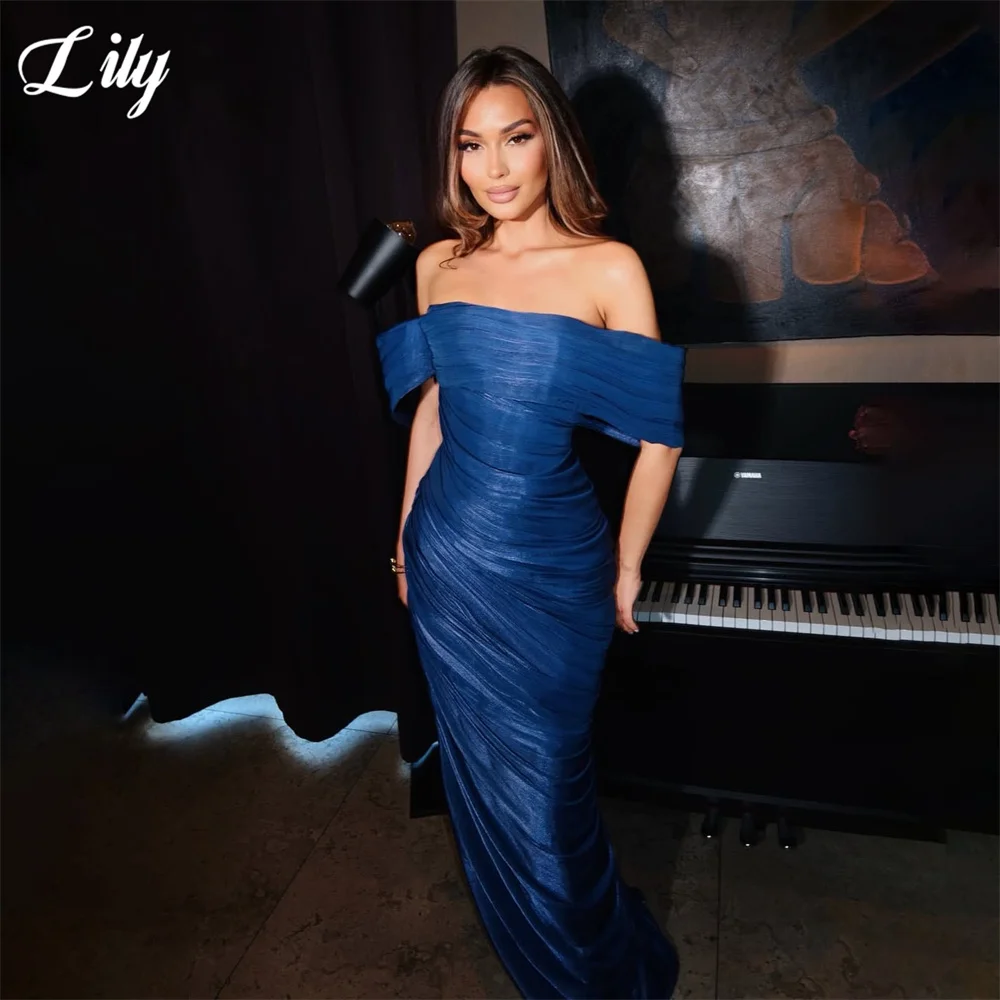 Lily Royal Blue Evening Dress Off Shoulder Ruffled Prom Dress Side High Slit Party Dress Mermaid Celebrity Gala Dress Customized