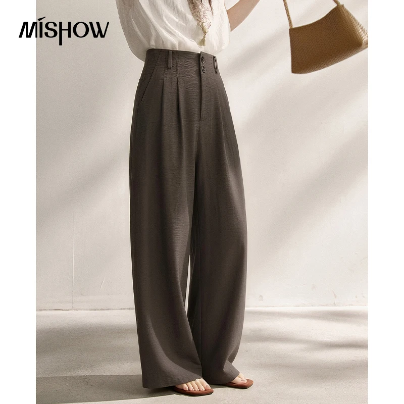 MISHOW Women's High Waist Wide Leg Pants 2026 Summer Double Button Pleated Slouchy Floor Length Trousers Office Lady MXF28K2718