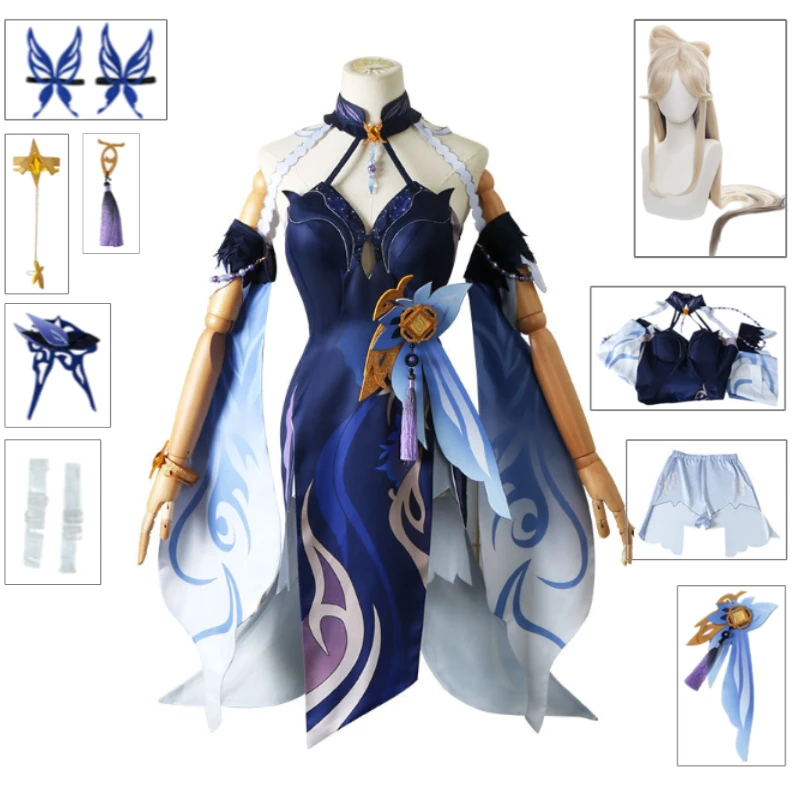 

Satin Chiffon Gradient Dress Cosplay Costume Genshin Impact Ningguang Orchid's Night Veil Full Set for Women Anime Convention