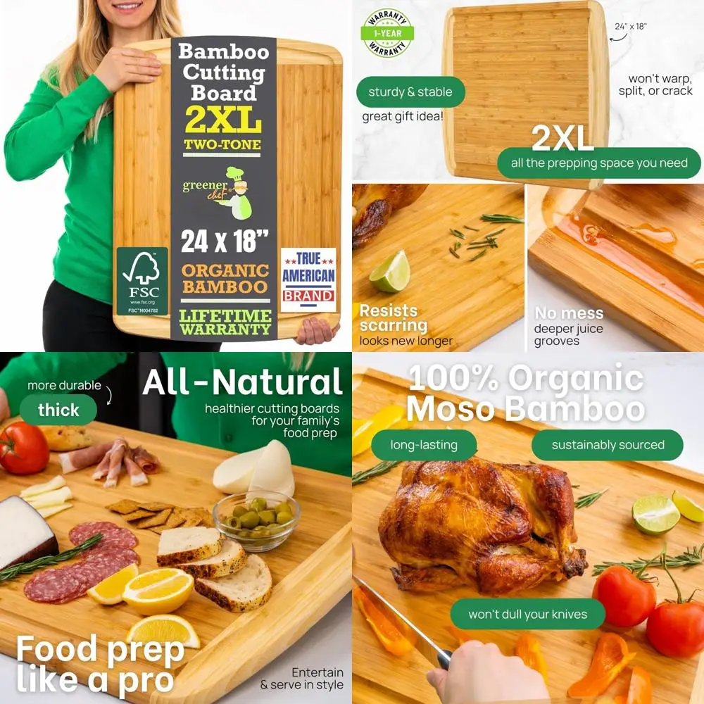 

Очень большая 24-дюймовая разделочная доска из бамбука — деревянный мясной блок XL для использования на кухне с пожизненной гарантией замены