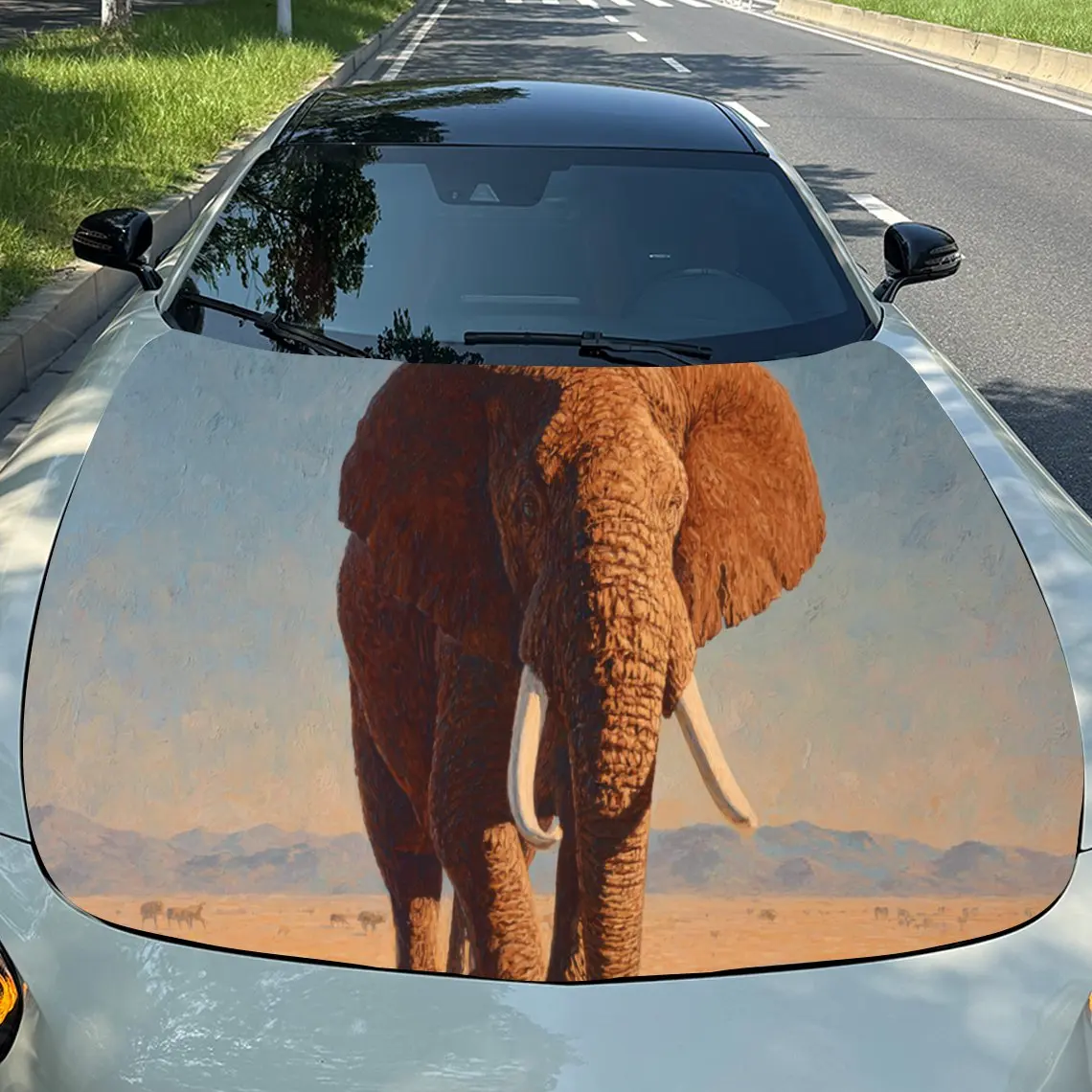 

Elephant Walking in the Desert PVC Car Vinyl Wraps, Self-Adhesive Waterproof Car Hood Decal Sticker, Car Decoration Protection S