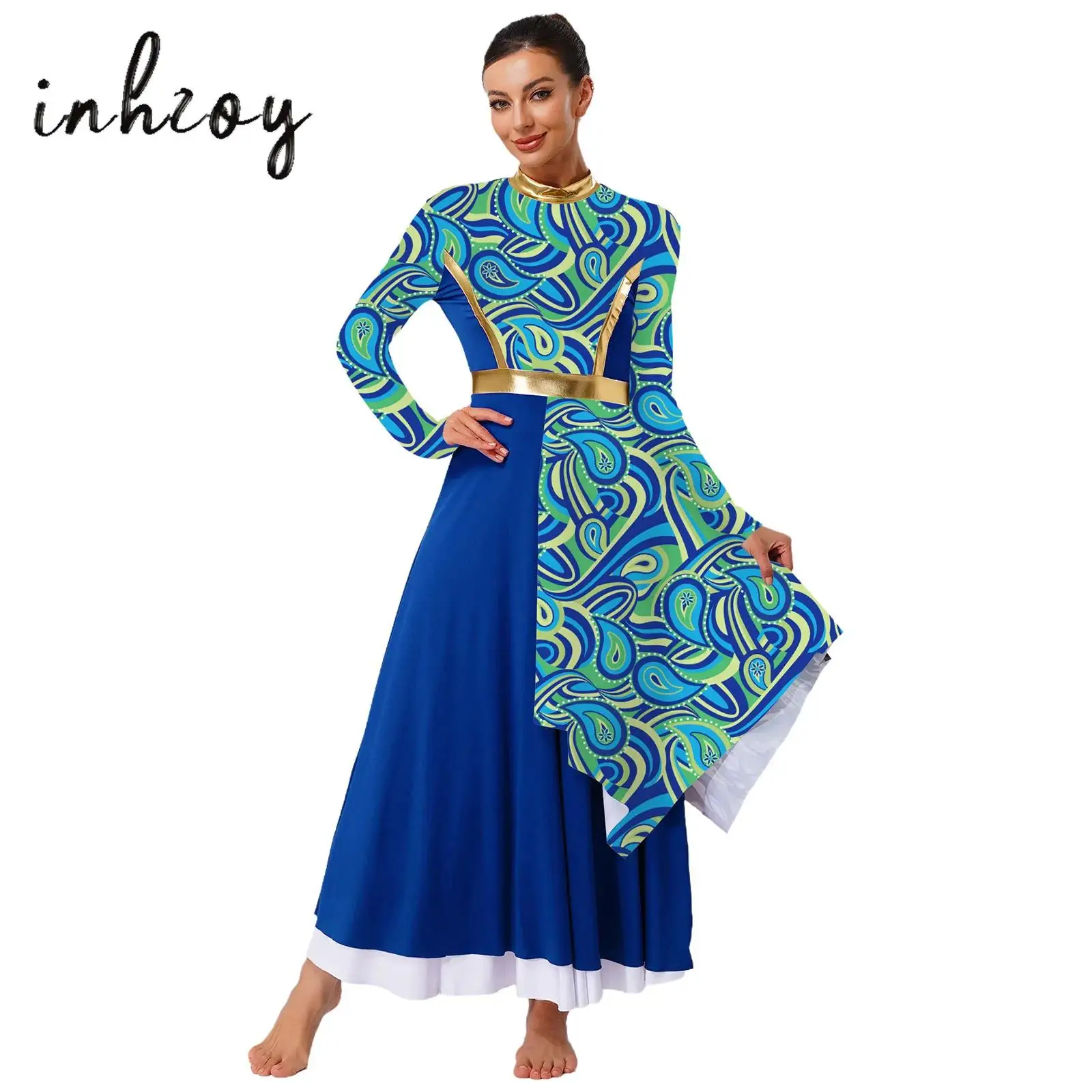 

Womens Worship Praise Dance Dress Tunic Long Sleeve High Waist Asymmetrical Robe Dress Modern Lyrical Dance Performances Costume