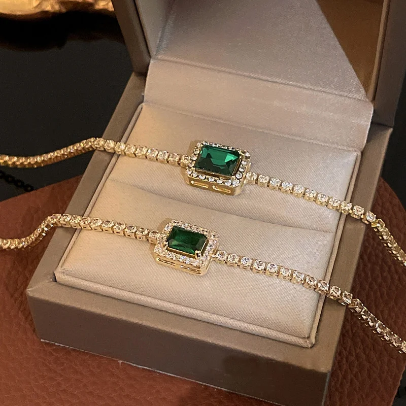 Luxury Emerald Zircon Bracelets For Women Vintage Full Of Rhinestone Square Crystal Bracelets New Fashion Wedding Jewelry Gifts