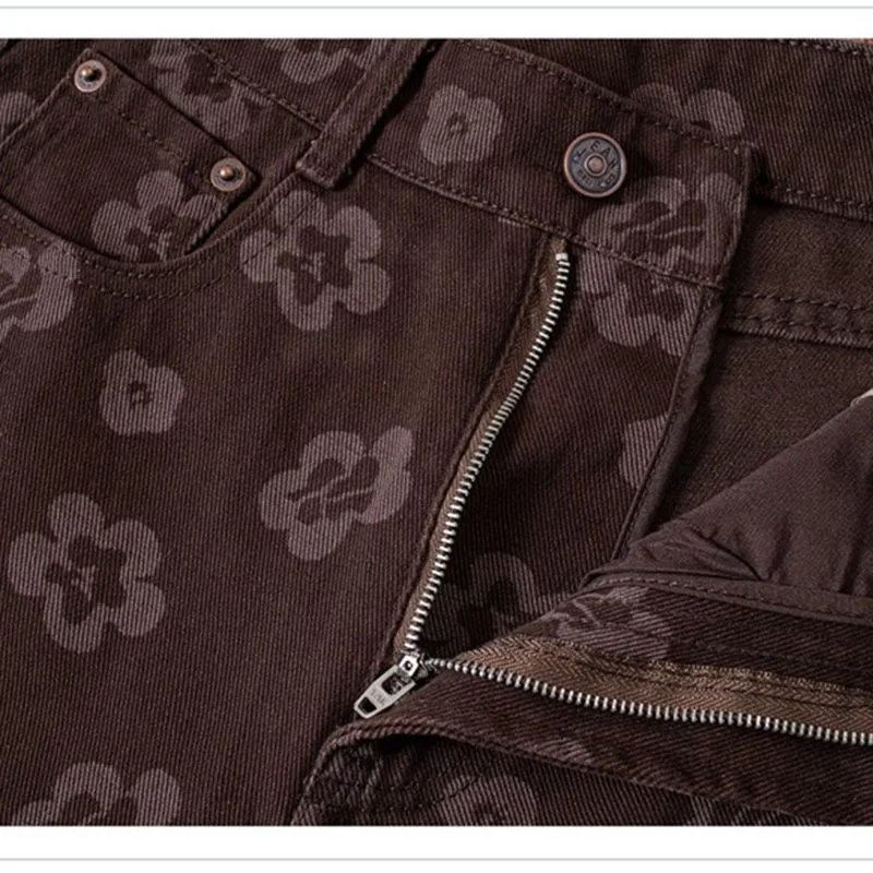 القهوة المطبوعة واسعة الساق الجينز المرأة الجديدة ربيع الخريف عالية الخصر السراويل مستقيم الساق السراويل السيدات فضفاض كاوبوي بنطلون السيدات