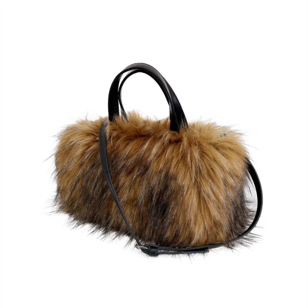 Winter Faux Fur Women\'s Boston Handbag Luxury Design Ladies Long Plush Tote Bag Bright Color