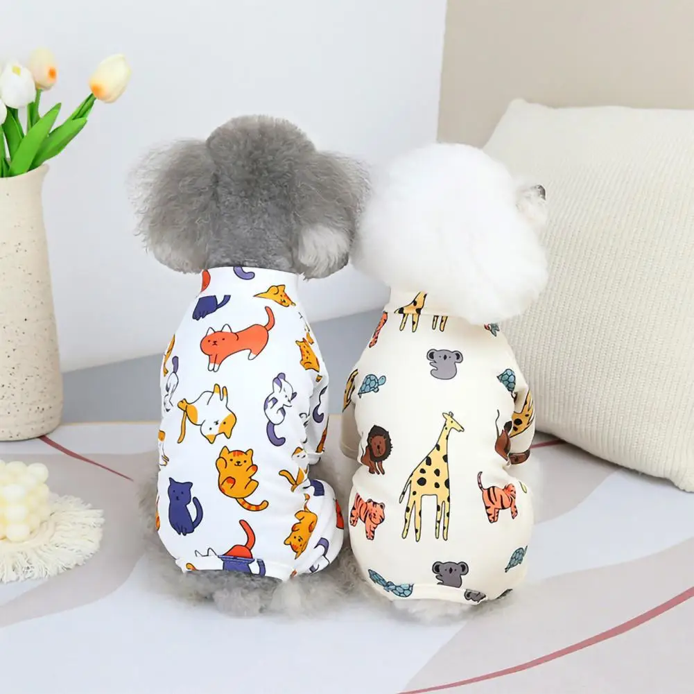 Summer Dog Pajamas Cartoon Animal Pattern Puppy Pajamas Round Neck Four Legs Short Sleeve Dogs Jumpsuit For Daily Wear