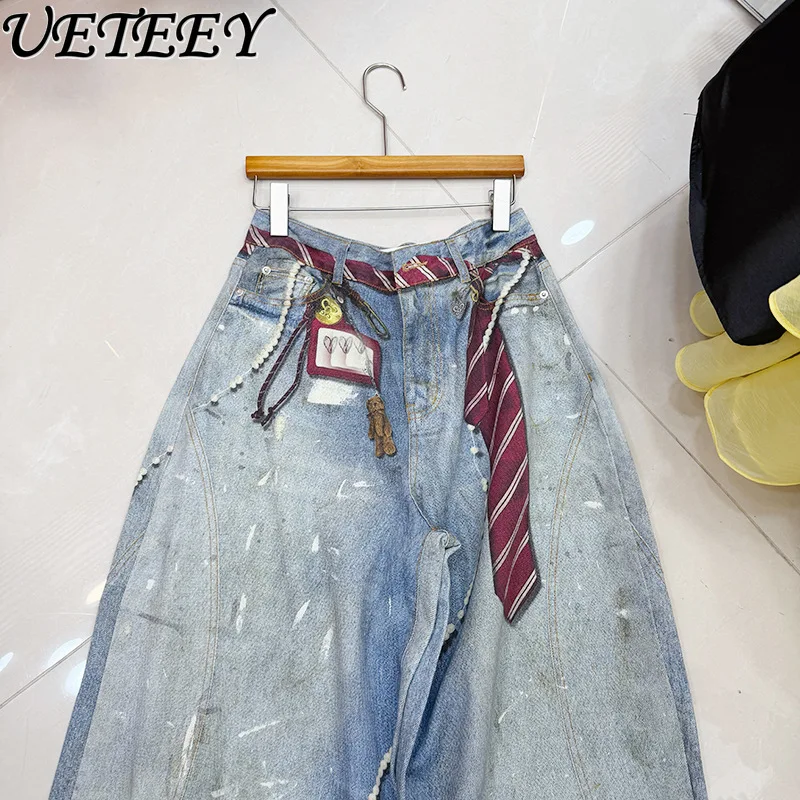 

Американские джинсы в стиле Retroniche с принтом, женские, весенняя новинка, свободные широкие брюки-кюлоты, Pantalones De Mujer