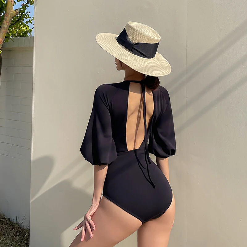 2022 Newest Women One Piece Swimsuit Vintage Sexy Puff Sleeves Push Up Beach Wear Backless Solid Monokini Bodysuit Korean Style