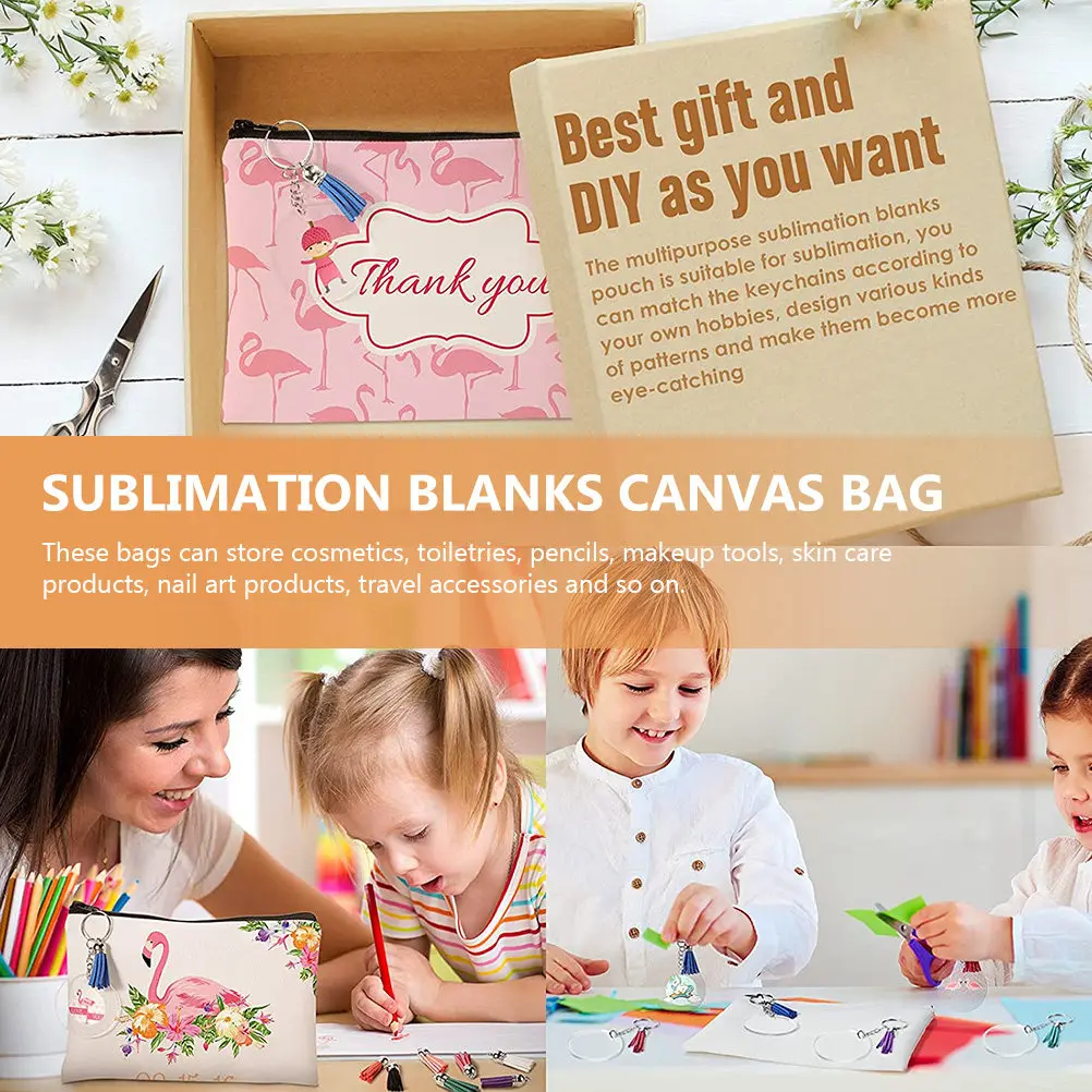 

1 комплект: набор пустых сублимационных косметичек для самостоятельного термотрансфера, холщовые сумки на молнии для путешествий, хранения туалетных принадлежностей, пеналов