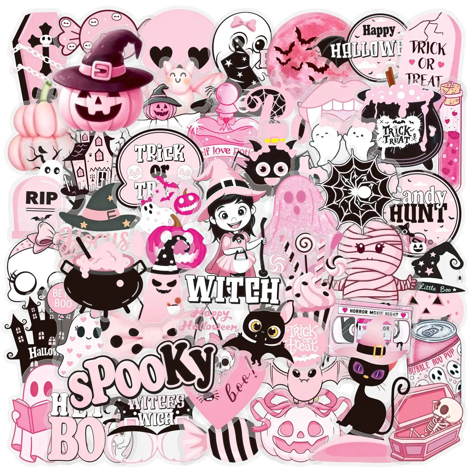 

50PCS Cartoon Pink Halloween Stickers PET Creative Decoration Mobile Phone Case Notebook Graffiti Waterproof Water Cup Toys Gift