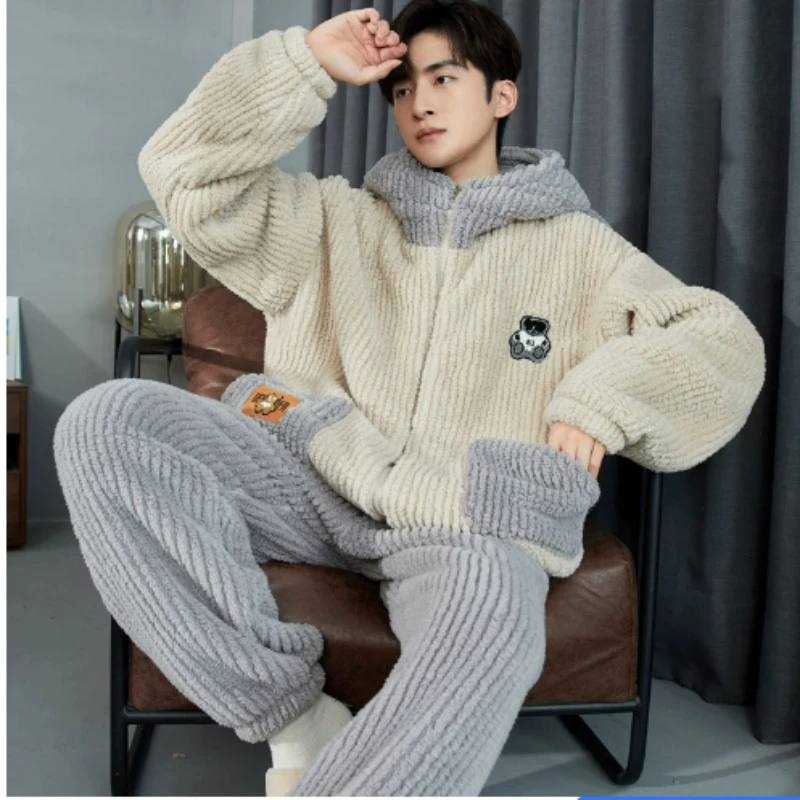 Add Velvet and Thick Pajamas Men  New Autumn and Winter Bear Series Men Loose Home Wear Set Zipper Hooded  Student 2024 Lovely