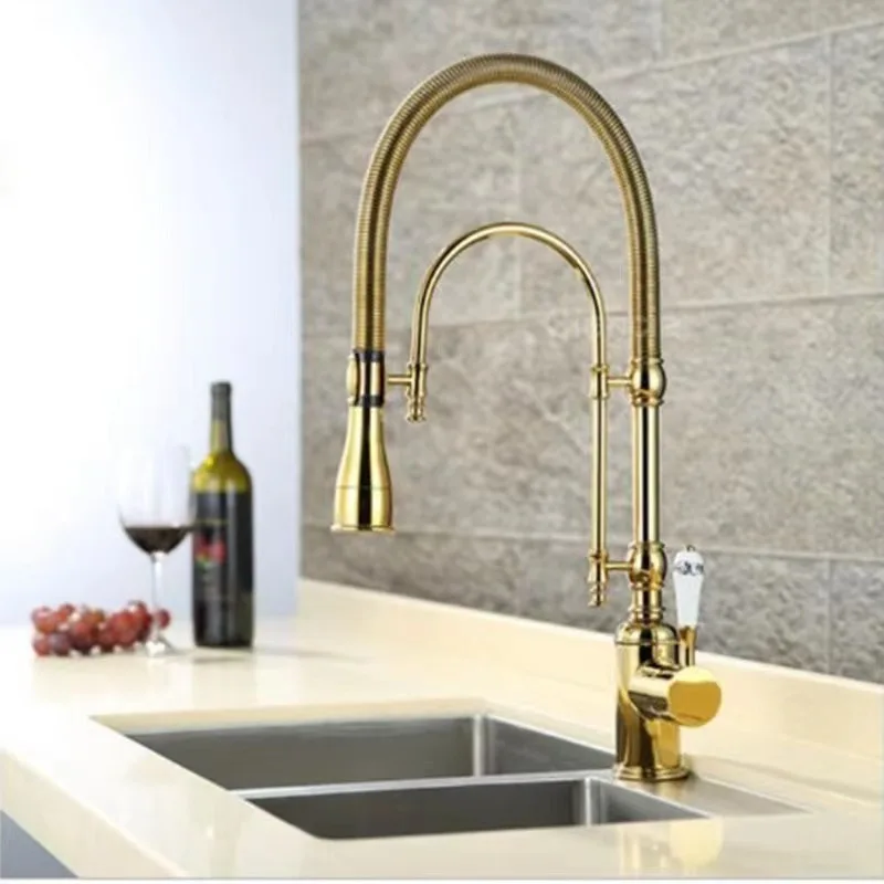 

European kitchen faucet full copper gold hot and cold spring shower sink French kitchen faucet bathroom