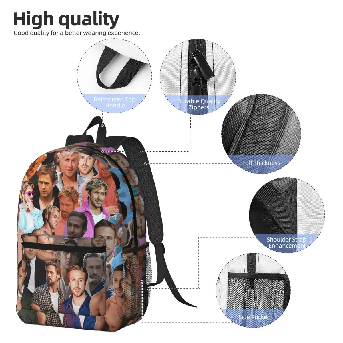 Ryan Gosling Photo Collage Backpack Daypack Large Capacity Boys Girls BookBag School Bag Shoulder Bags for Men Women