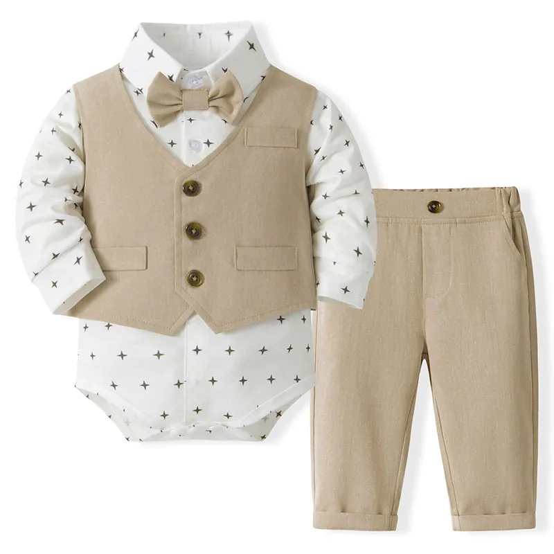 

4Piece Sets Spring Autumn Newborn Boy Clothes Korean Fashion Gentleman Print Cotton Long Sleeve Bodysuit+Pants Baby Items B145