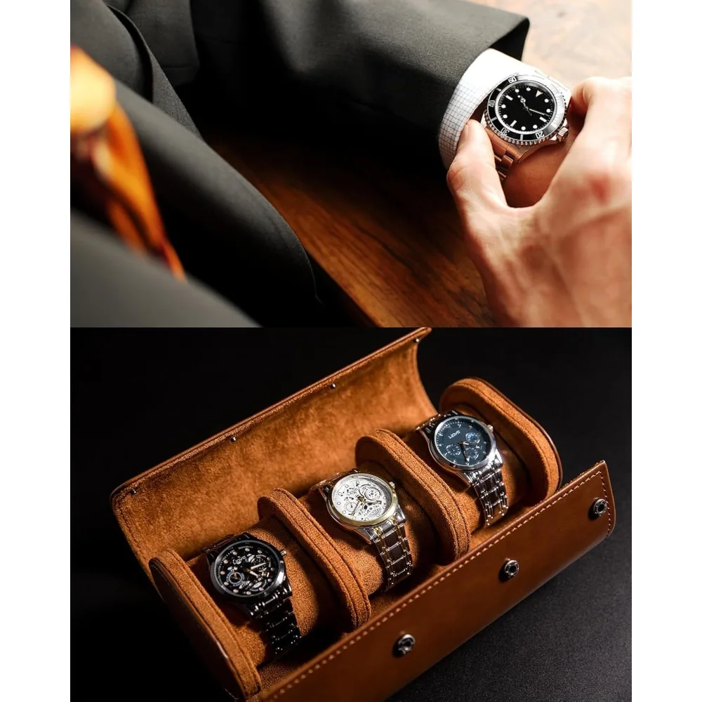 3 Slot Portable Watch Roll PU Durable Leather Watch Storage Case Dustproof Watch Organizer Holder Wrist Watch Display Bag image 6