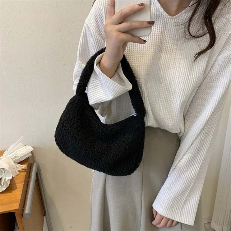 Winter Soft Plush Top-handle Bags Women Zipper Cute Small Bag All-match Sweet Fashion Casual Handbags Female Shopping Coin Pouch