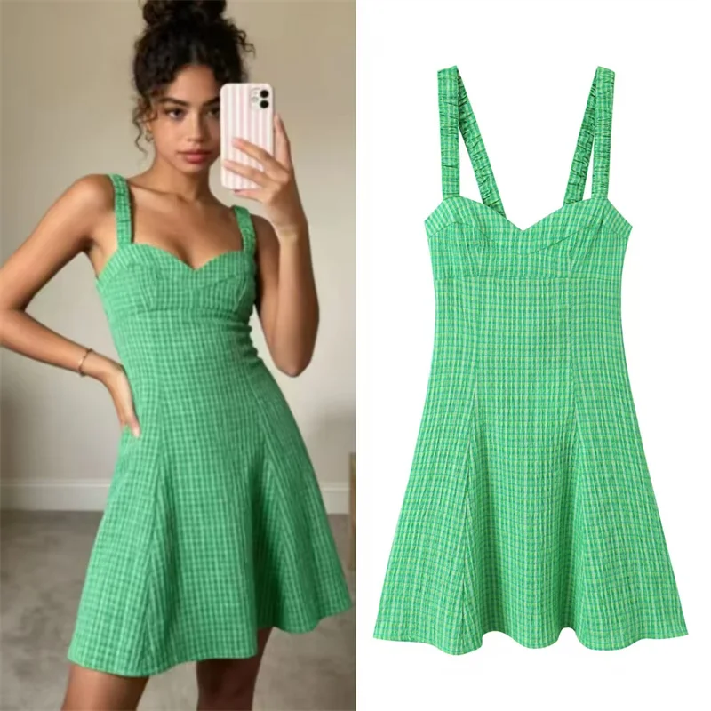 PRINTKAOIR Damenkleid 2026 Sommer Neuer Stil Grün Kariertes Trägerkleid Vintage Schleifendekoration Elegantes Kurzes Kleid
