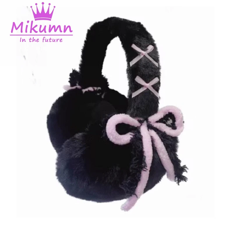 Mikumn Harajuku Y2k Cute Sweet Bow Plush Ear Warmer Women Girls Winter Warm Earmuffs Foldable Outdoor Cold Protection Ear Cover