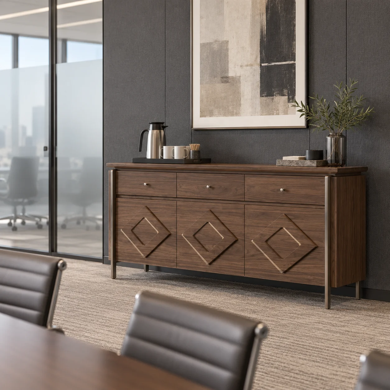 WYRAX geometric front lockers with quick access drawers and enclosed storage for hotel lounges and executive offices