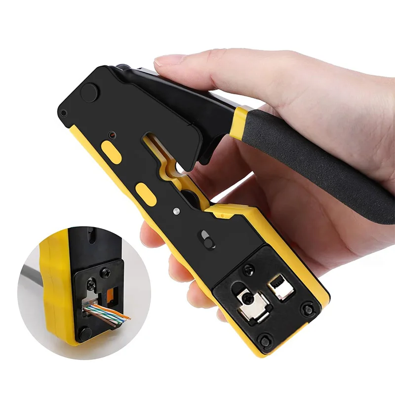 Straight RJ45 Crimping Tool Kit, Integrated Ethernet Crimper Cat7 Cat6 Cat5 Crimping Tool Ratchet Modular Data Cable Crimper