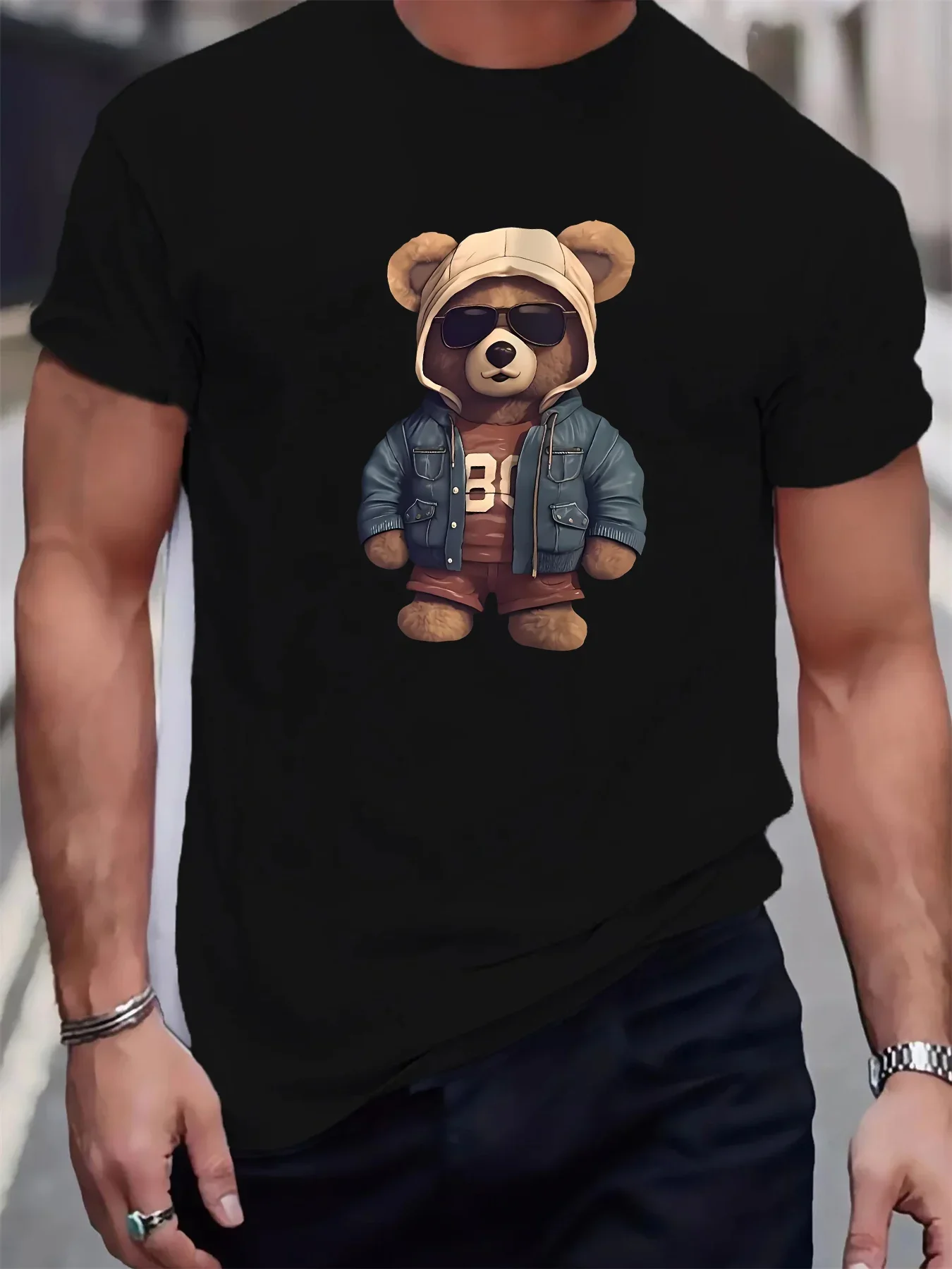 Sommerliches Casual-T-Shirt mit Teddybär-Motiv, Kurzarm, „Crazy Bad Mood Walking Silent“ Herren-T-Shirt, Hip-Hop-Oberteil für Männer