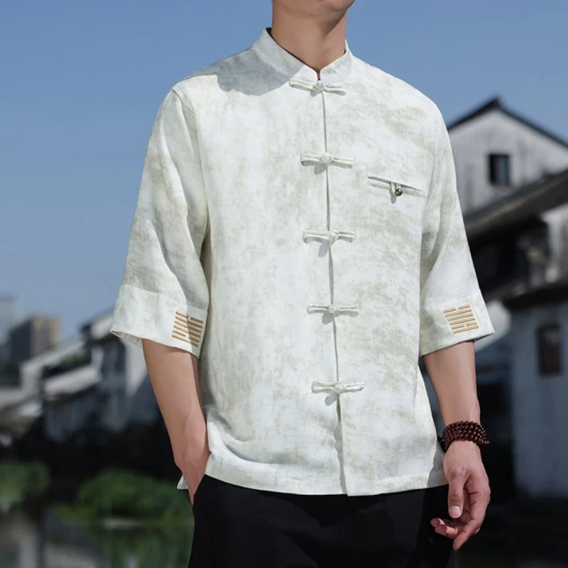 Chinese Style Men Casual Shirt New Arrival 2026 Summer Vintage Stand Collar Tang Suit Loose Male Short Sleeve Tops Shirts N103