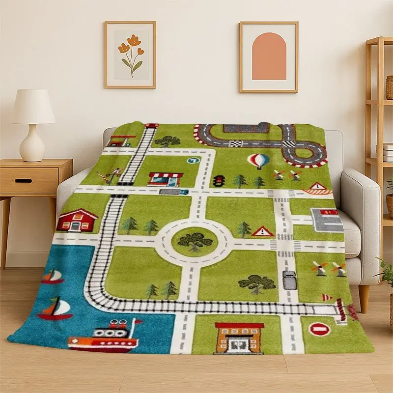 City Traffic Road Highway Runway Map Playmat Playroom Flannel Blanket Soft Throw Blanket for Bedroom Living Room Bed Picnic Nap