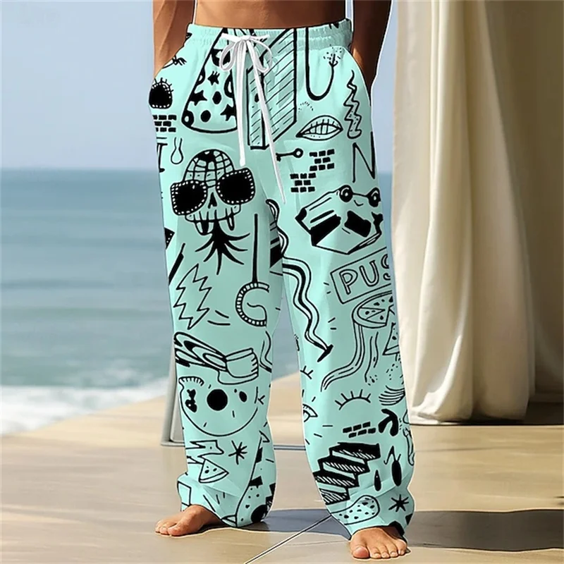 

Men's Summer Fashion Wide-Leg Pants 3D Cartoon Playful Print Drawstring Loose Fit Design Breathable Comfortable Trousers
