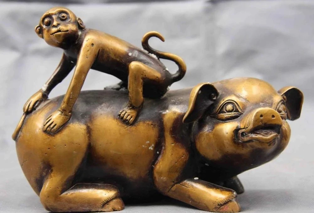Chinese Folk exquisite Copper Bronze Fu Monkey ride Wealth pig Art Statue