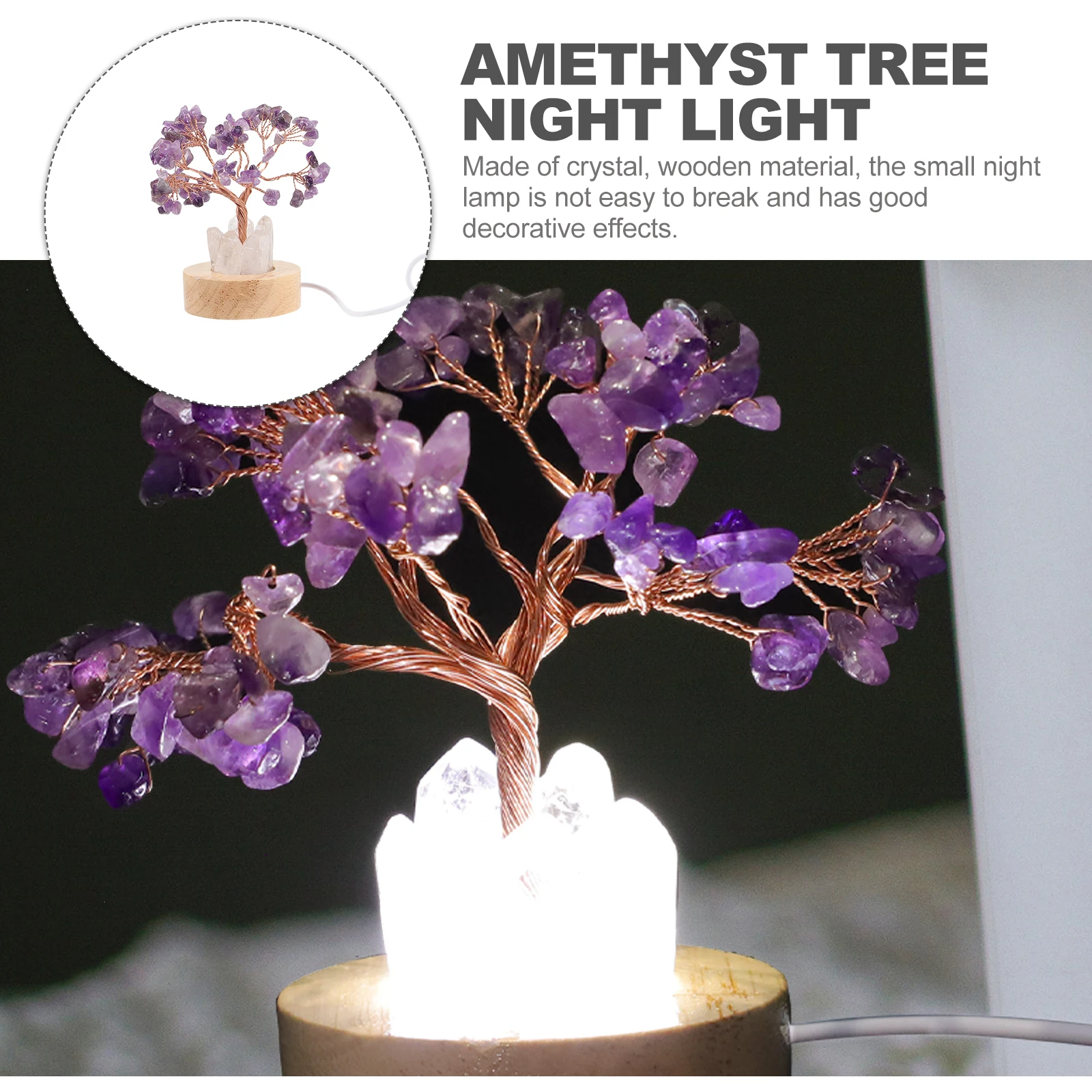 

Amethyst Crystal Night Light Bedside Lamp Wooden Material Small Size Warm Ambiance Home Bedroom Decorative LED Lighting
