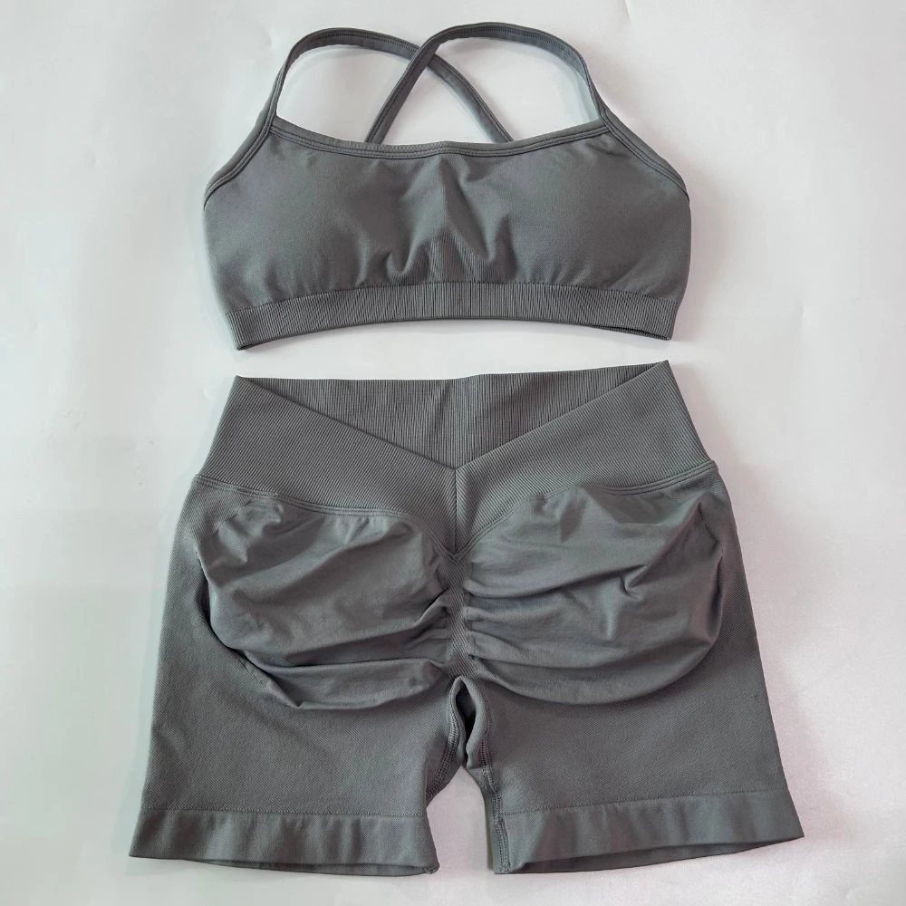 2-teiliges Set für Damenbekleidung, nahtlose Scrunch-Yoga-Shorts, rückenfreier KTP-Sport-BH, Fitness-Workout-Top, Gym-Set-Outfits – Detail 13