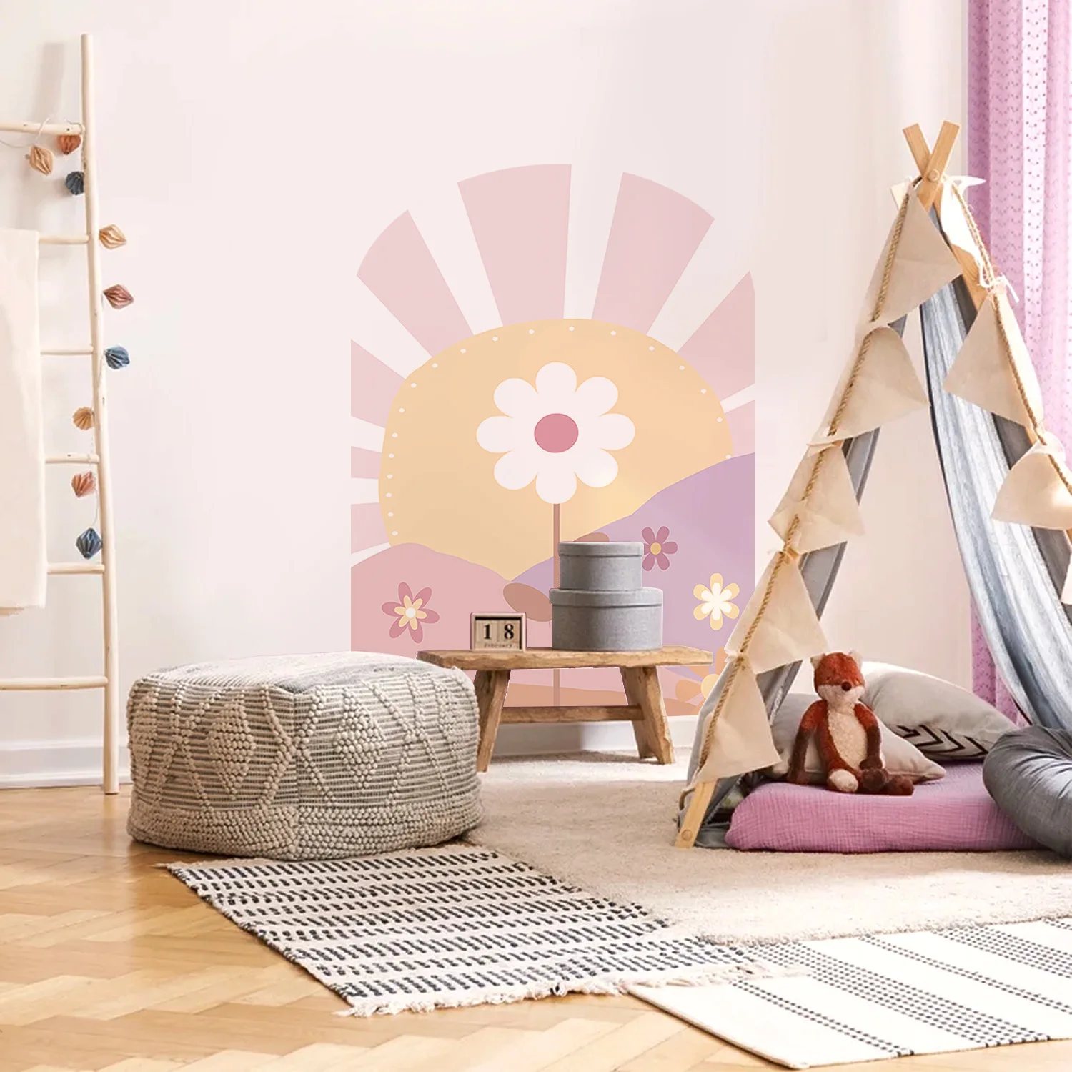 Art Pink Arch Daisy Self-Adhesive Wall Decals for Nursery Girl Room Kids Rooms Colorful Decorative Wall Stickers Living Room