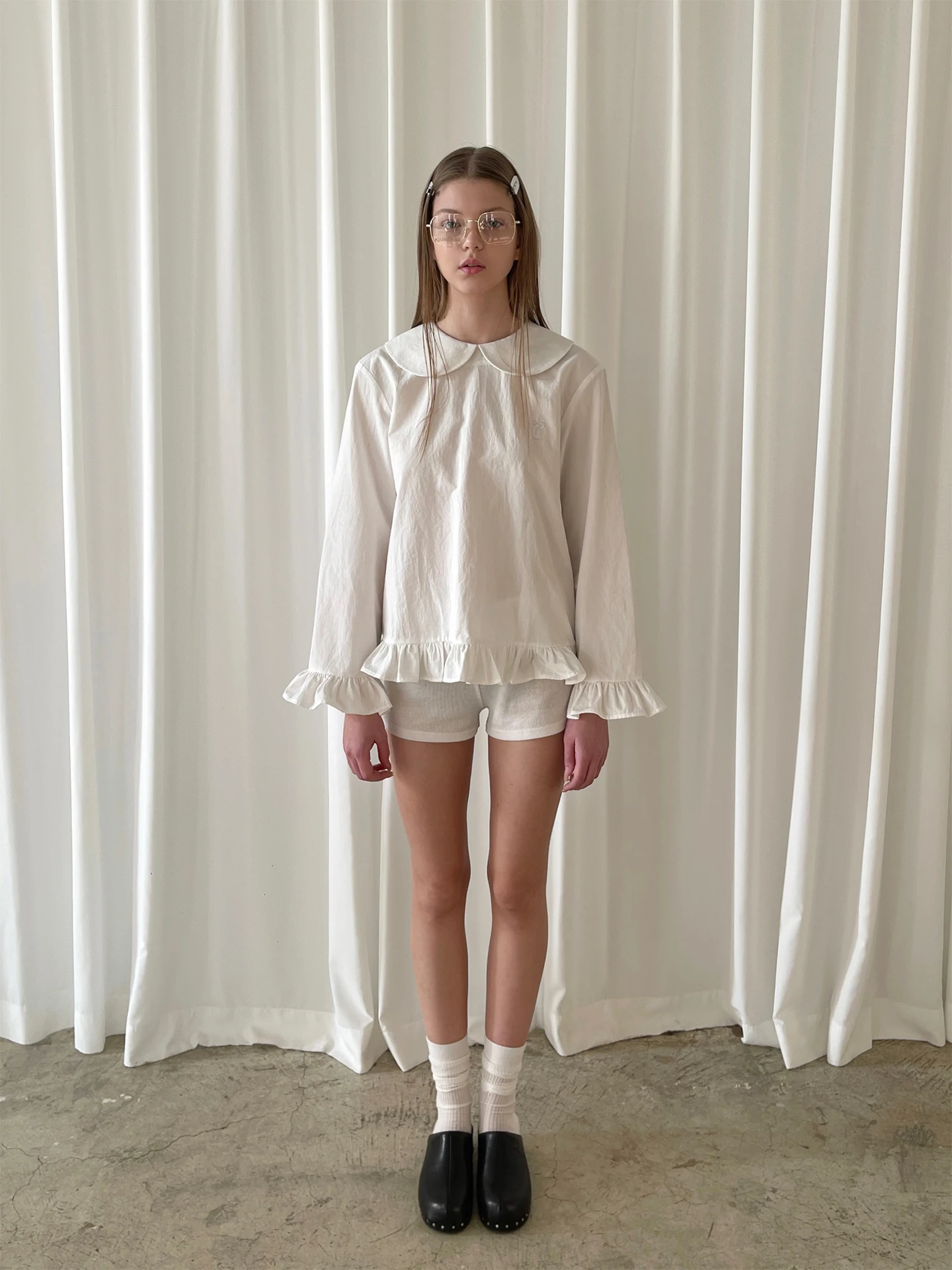 

Белая хлопковая рубашка PFF GIRL с вышивкой, воротником-куклой, длинными рукавами-лепестками, свободного кроя, повседневная, дышащая, весенняя