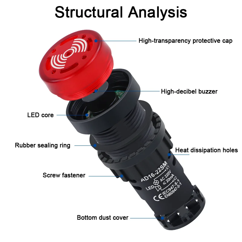 AD16-22SM 16mm 22mm Panel Diameter 12V 24V 110V 220V Flash Signal Light Red LED Active Buzzer Beep Alarm Indicator Green Red