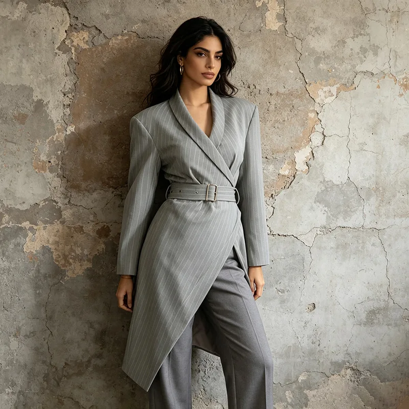 SuperAen Fashion Striped Casual Suits for Women 2026 Autumn New High Waist Asymmetrical Long-Sleeved Mid-length Coats