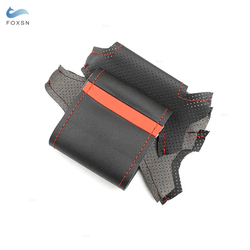 For Audi A3 8P Sportback A4 B8 A5 8T A6 C6 A8 D3 Q5 8R Q7 4L 4-Spoke no button Car Steering Wheel Cover Leather Trim red strip view 2