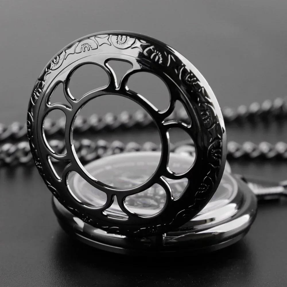 Vintage Black Semicircle Mechanical Hand Wind Pocket Watch Chain Luxury Steampunk Women Men Watches Fob Male Clock Gifts