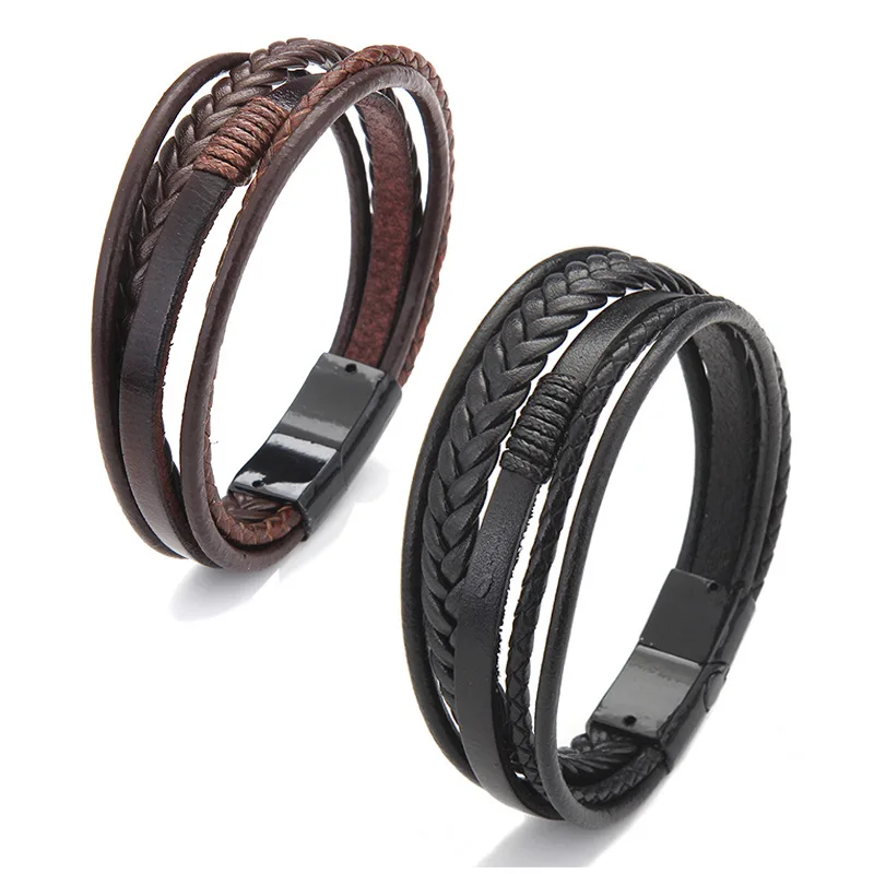 20cm Length Men Leather Rope Braided Bracelet Hot Sales Alloy Magnetic Buckle Bracelets Bangles Female Party Jewelry