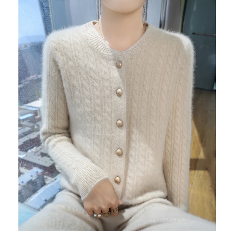 2024 autumn and winter new women\'s 100% merino wool cardigan O-neck thick solid color casual fashion cashmere sweater top.