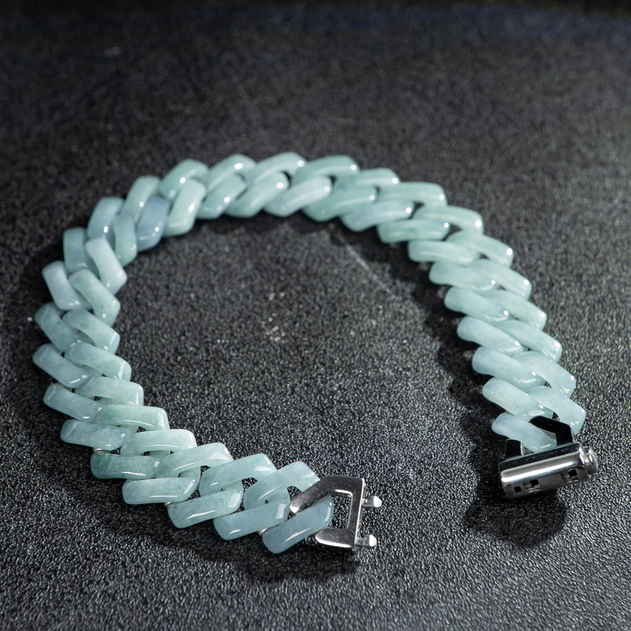 

TIMESWIND Natural A-type Jade Blue Rhombus Cuban Chain Titanium Steel Men Bracelet with Certificate