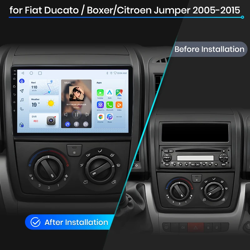 Radio para coche Junsun con CarPlay inalámbrico y Android Auto para Fiat Ducato / Peugeot Boxer / Citroen Jumper (X250) 2006-2014, ventilador de refrigeración integrado, navegación GPS Android, reproductor multimedia, WiFi, DSP, RDS, BT, SWC, pantalla táctil IPS, autorradio, reproductor de vídeo, unidad principal estéreo. 2