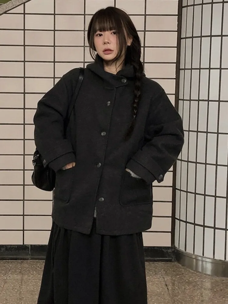 

Retro Single-Button Double-ket Hooded Woolen Coat Women's Faionable Winter Coat Small Size Versatile Tweed Jaet