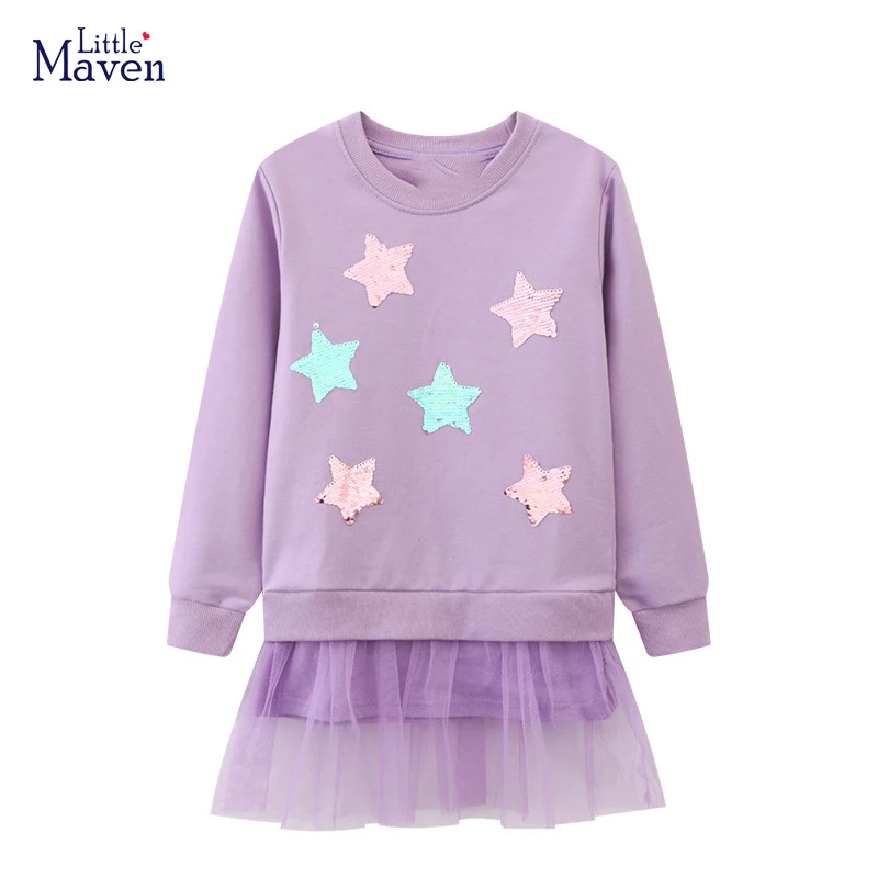 Little maven 2023 Dress Girls Long Sleeves Cartoon Purple Sequin Stars Mesh Dress Cotton Spring Casual Clothes for Kids Autumn