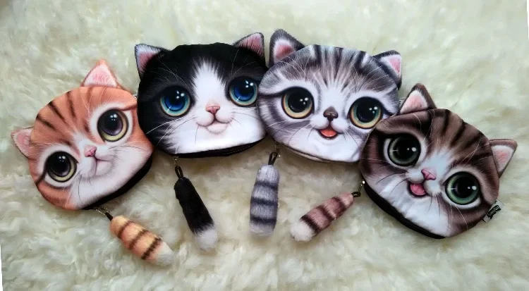 New Cute Cartoon Cat Women Cosmetic Kids Coin Purse Wallet Storage Bag Personality 3D Small Cat Head With Tail Storage Bags