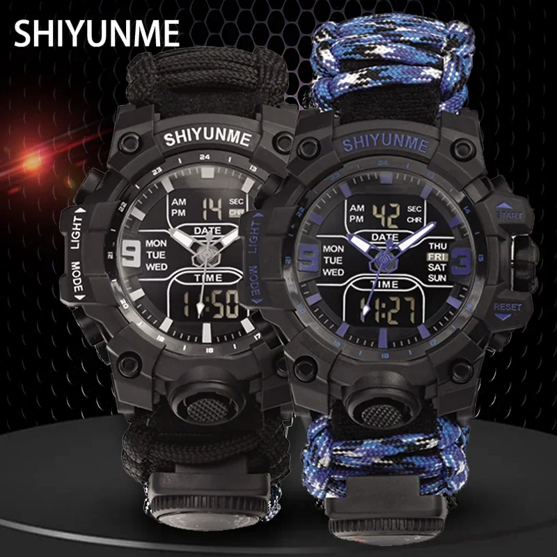 SHIYUNME Outdoor Survival Men Watch Compass Thermometer Quartz Watch Multifunctional Waterproof Military Tactical Paracord Watch